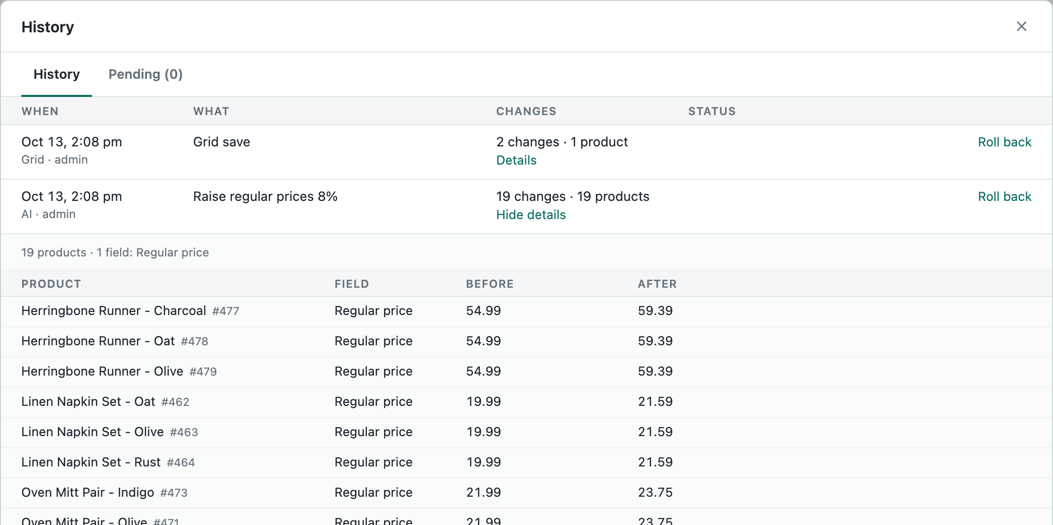 The details of an AI change: 19 products, each Regular price before and after
