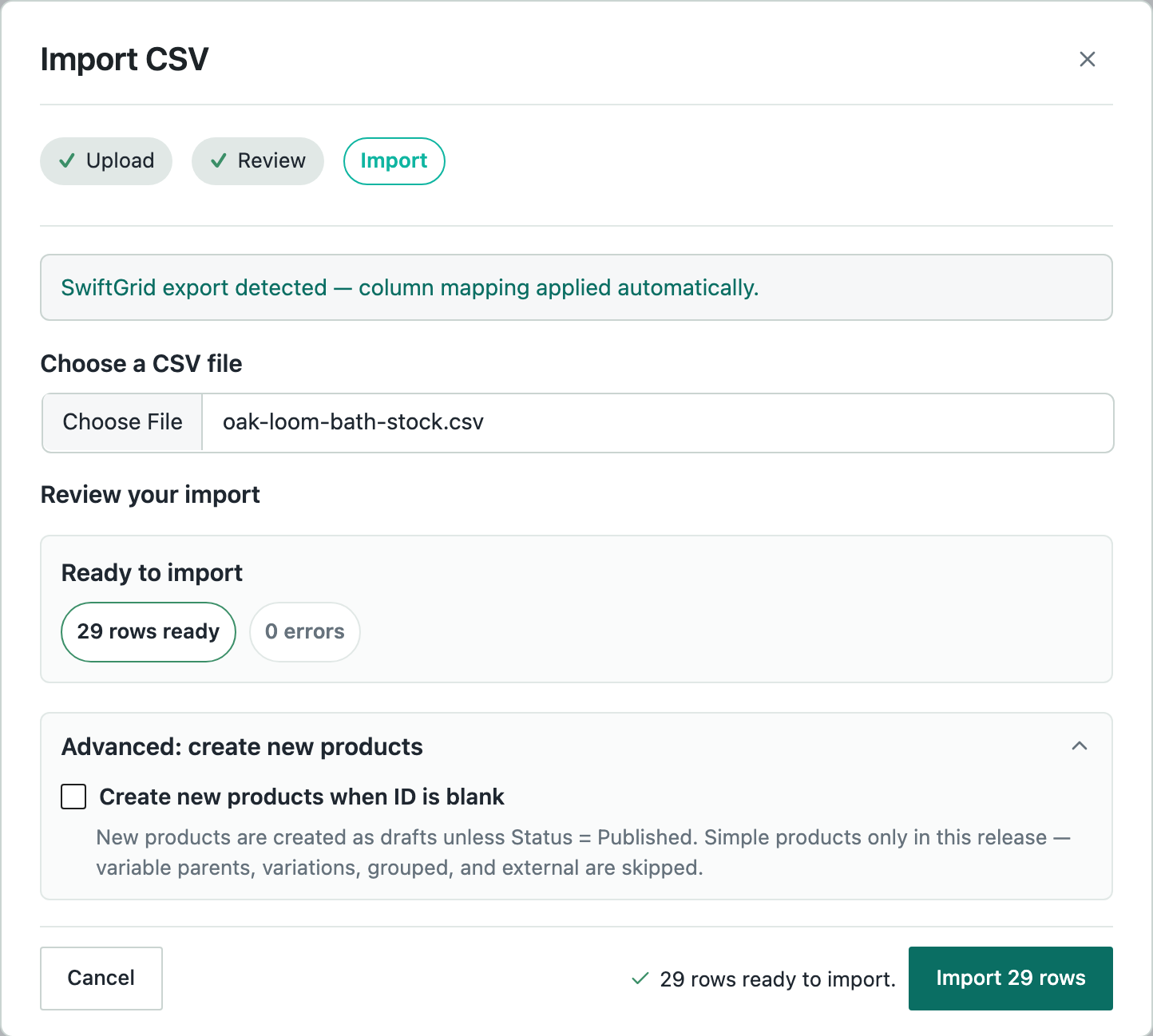 The Advanced section with the Create new products when ID is blank checkbox