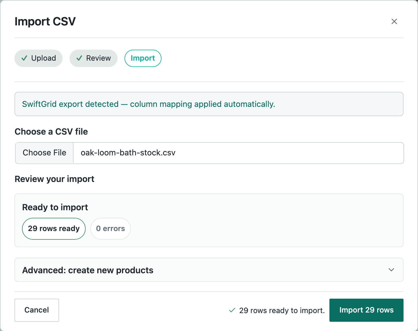 The Import CSV dialog with 29 rows ready and 0 errors