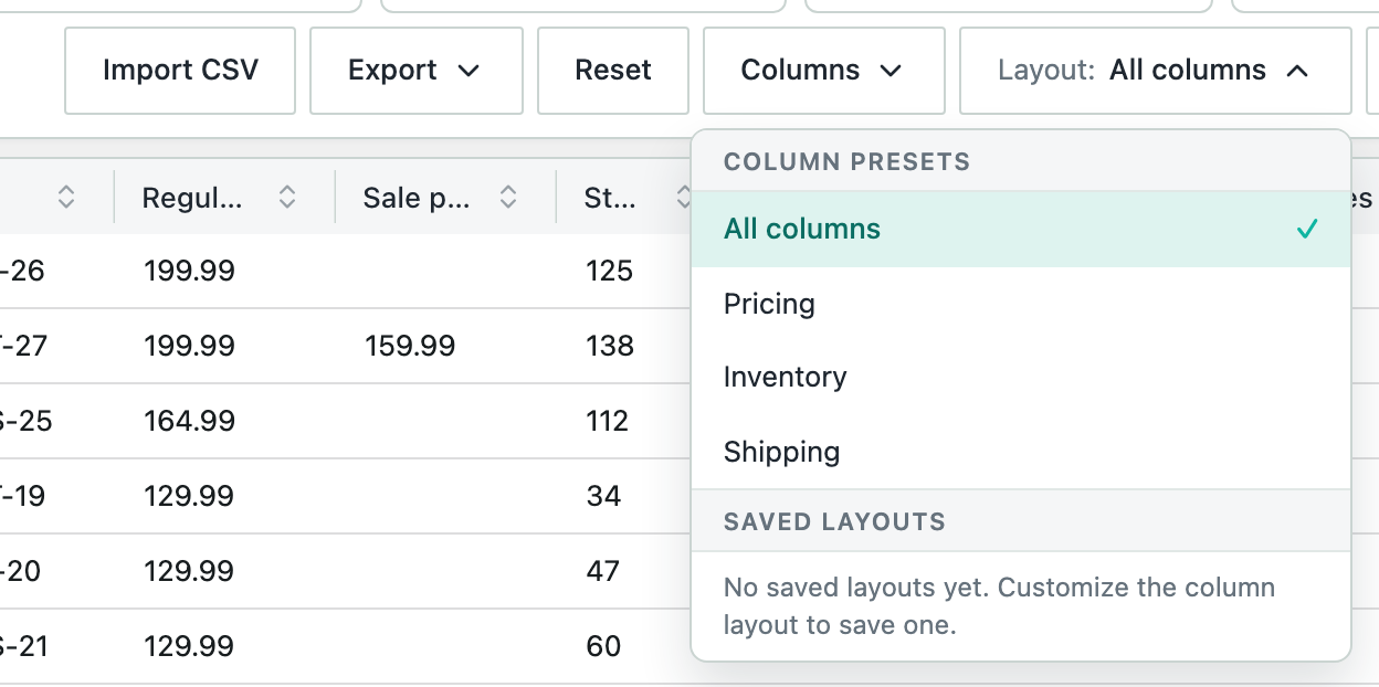 The Layout list with the four column presets and an empty Saved layouts section