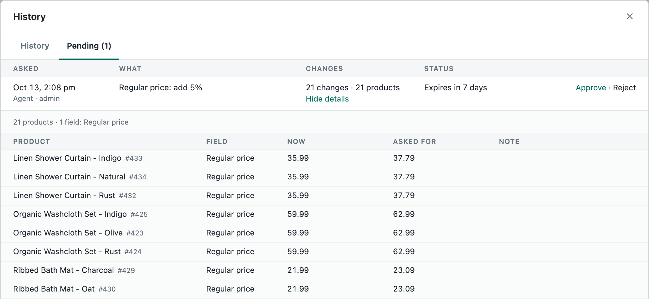 The Pending tab with an agent's price change and its details