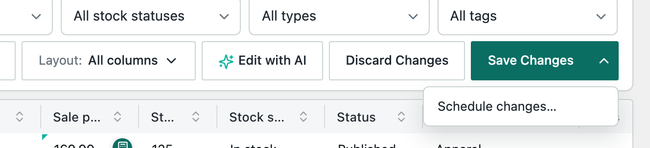 The Save Changes button with its menu open on Schedule changes