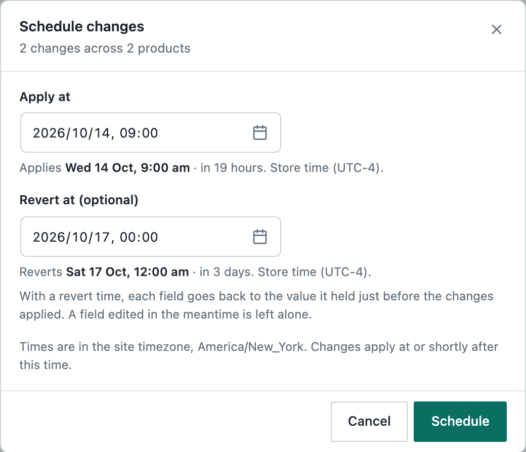 The Schedule changes dialog with Apply at and Revert at set