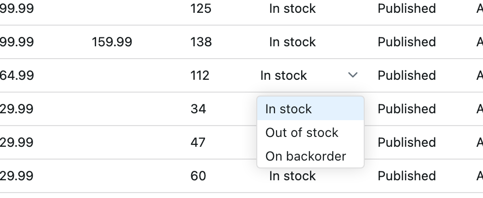 The Stock status list open on a product row